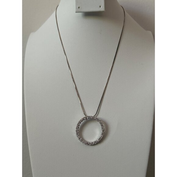 925 Silver Open Circle Pendant Necklace w/Clear Stones 925 Sterling Snake Chain - Picture 1 of 11